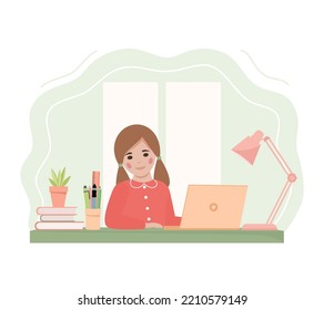 Niña aprendiendo con una computadora y libros. Educación en línea. Ilustración del vector 
