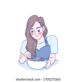 Girl learning cook by herself character design of vector. Online learning course.