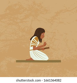 The girl is learning Egyptian writing. Egyptian hieroglyphic carvings, frescoes, mythological scenes, gods and pharaohs. Egypt background, vector illustration.