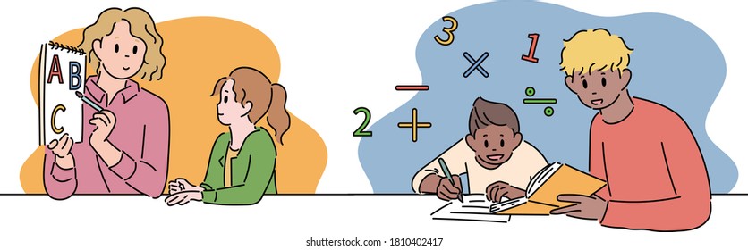 The girl is learning English from a female teacher. The boy is learning math from a male teacher. hand drawn style vector design illustrations. 