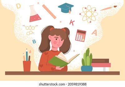 Girl learning at home. Child holding book in his hands, studying school subjects, homework. Character reading notebook, education. Cartoon flat vector illustration isolated on beige background