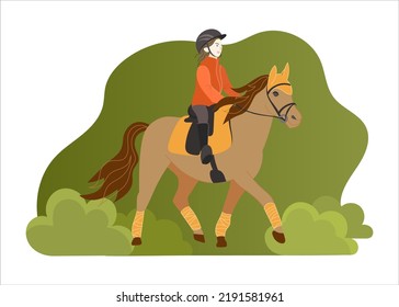 Girl learning horseback riding. Kids horse, pony club. Horse riding. Cute vector illustration for card, advertising, cover, book.