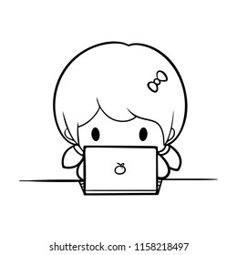 The girl is learning with laptop-LineArt