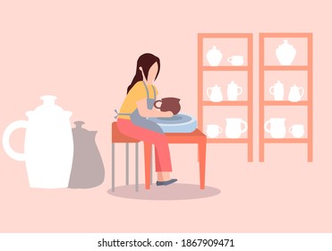 Girl learning to make pottery, a vector graphics