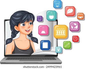 Girl learning online with educational icons