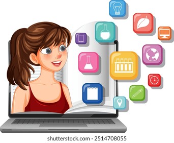 Girl learning online with educational icons