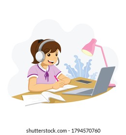 A girl learning online in school from home activity