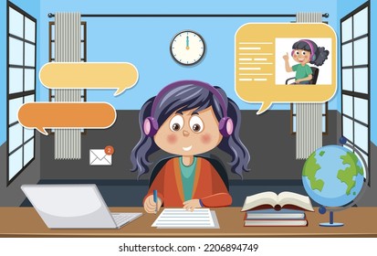 A girl learning online using laptop illustration