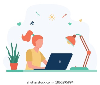 Girl learning online via laptop computer. Home, distance, internet flat vector illustration. Digital education and quarantine concept for banner, website design or landing web page