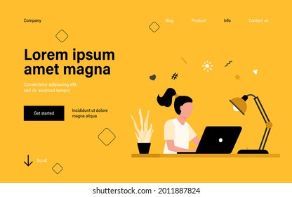 Girl learning online via laptop computer. Home, distance, internet flat vector illustration. Digital education and quarantine concept for banner, website design or landing web page