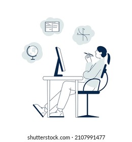 Girl learning online. Video course, computer education. Woman learn different science remote. Isolated young female sitting at desk and study, recent vector concept