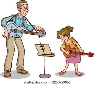 girl learning to play guitar and music teachercartoon vector