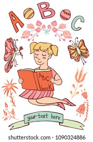 
Girl learning to read vector illustration hand drawing butterfly ABC-book