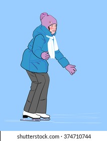 Girl learning to skate on figure skates at the rink.