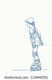 Girl learning to skate on rollers, Blue pen sketch on square grid notebook page, Hand drawn vector linear illustration