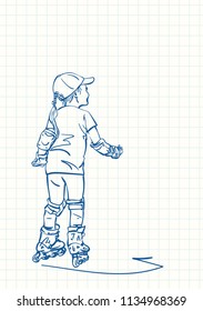 Girl learning to skate on rollers, Blue pen sketch on square grid notebook page, Hand drawn vector linear illustration