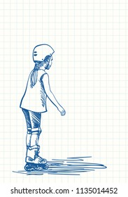 Girl learning to skate on rollers, Blue pen sketch on square grid notebook page, Hand drawn vector illustration
