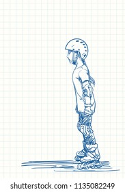 Girl learning to skate on rollers, Blue pen sketch on square grid notebook page, Hand drawn vector illustration