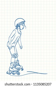 Girl learning to skate on rollers, Blue pen sketch on square grid notebook page, Hand drawn vector linear illustration