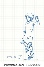 Girl learning to skate on rollers, Blue pen sketch on square grid notebook page, Hand drawn vector linear illustration