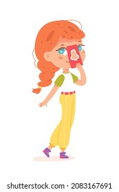 Girl learning smell sensory sense vector illustration. Cartoon child holding card with human nose in hand, studying snuffing on school lesson of medical anatomy. Education game, science on white