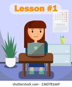 Girl Learning Using Laptop on Lesson Banner Vector Illustration. Classroom for Studying with Calendar, Desk, Table with Colorful Pencils. Searching for Information via Internet. Online Education.