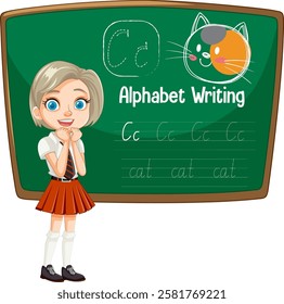 Girl learning to write the letter C