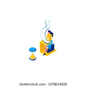 Girl learning, writing notes in copybook, isometric concept, learning people, 3d student isolated reading, learn lesson, hourglass, school, college pupil, blue, yellow, modern creative character