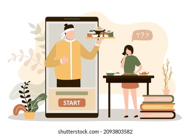 Girl learns to cook sushi and rolls by video tutorial. Teacher with ready meal on the mobile phone screen. Asian сooking online course. Woman prepares traditional japanese dishes. Vector illustration