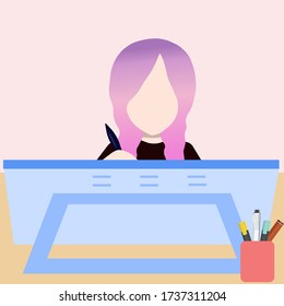 Girl learns to draw on a graphic tablet, vector graphics