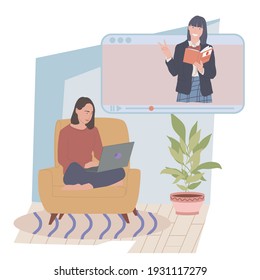 a girl learns Japanese online while sitting at home, online courses, a girl sits in a chair with a laptop, self-development in quarantine. flat vector illustration