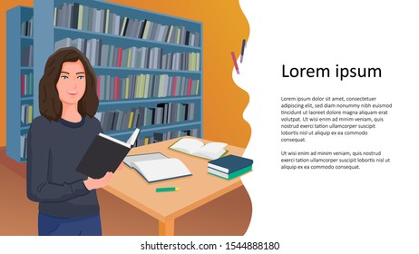 The girl learns in the library, holds a book