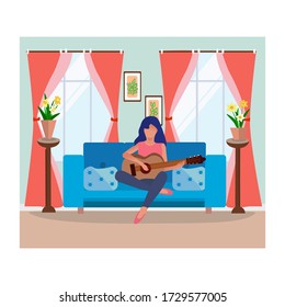 A girl learns to play the guitar at home. The concept of independent study of music, singing and playing the guitar. Recreation, entertainment, hobbies. Cartoon flat style.