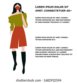 Girl in leather skirt and matching colour protective mask. Latest trend news, fashion bloggers post. Flat cartoon illustration with copy space on white background. Vector illustration.