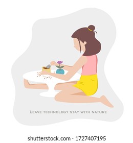 The girl leave technology for a while and come to stay with nature vector design 
