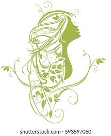 Girl with leaves branches hair. Organic hair care vector template.