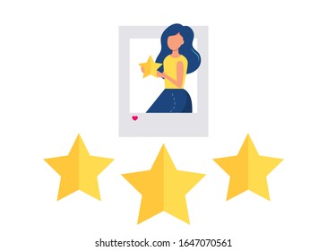Chica deja comentarios, comentarios, tasa de cinco estrellas, tasa más alta.  Buen trabajo.  Ilustración vectorial 