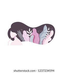 Girl with leaves and flowers in her hair, head of beautiful faceless young woman vector Illustration on a white background