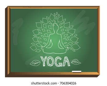 Girl with leaves on chalkboard. Silhouette of yoga woman. Lotus yoga pose - Padmasana. Women meditation. Fitness and gym. Sport.