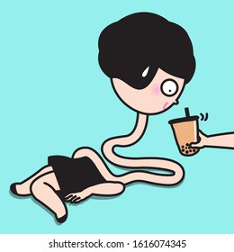Girl Leaving Her Body Laying Down On The Floor While Taking Her Long Neck And Head Looking At Hand Holding A Plastic Glass Of Bubble Milk Tea. Concept Of Sugary Drinks Lover Character illustration