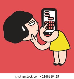 Mädchen verlässt ihren Kopf und verwendet Smartphone, um Nachrichten zu beantworten, statt Kartenzeichen-Illustration