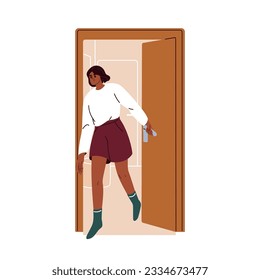 Girl leaving home room, closing door. Young black woman going out, exiting outside. Female character escaping from house, apartment. Flat vector illustration isolated on white background