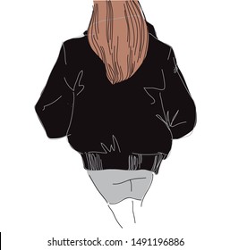 girl is leaving. view from the back. style skirt and jacket. sketch.