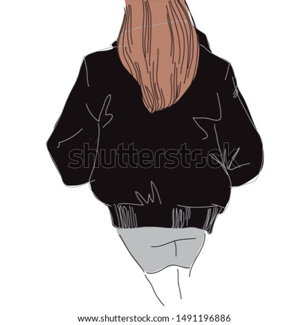 girl is leaving. view from the back. style skirt and jacket. sketch.