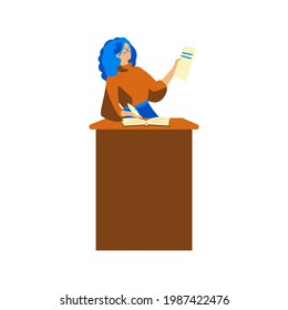 Girl-Dozent, Vektorgrafik flach Symbol. Dichterin, die Gedichte liest, Vorlesung, Vorlesung, Vorlesung in der Oberschule. Icon für Spiel, Website, Anwendung. Vektorgrafik im Flachstil, Cartoon-Illustration.