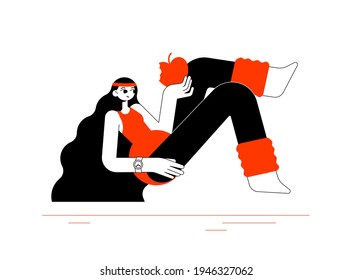 A girl in leggings, a swimsuit, and socks levitates in the air and eats an apple. 80s style. Flat outline minimalism vector illustration.