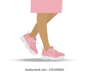 Girl legs with pink sneakers. Bright sport footwear. Running comfortable shoes. Pink Sneakers for jogging and sports. Modern fashion sneakers shoes. Flat Vector isolated on white background. 