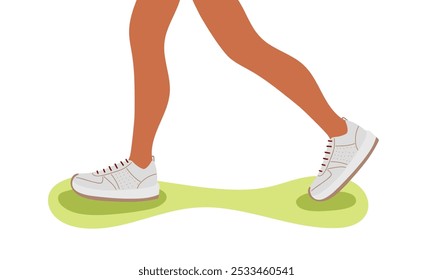 Piernas de niña con zapatillas de color rosa. Calzado deportivo brillante. Zapatos cómodos para correr. Zapatillas deportivas rosas para correr y hacer deporte. Zapatos de zapatillas de moda moderna. Vector plano aislado sobre fondo blanco