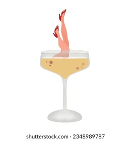 Girl legs in red heels in a glass of champagne. Funny and colorful vector illustration 