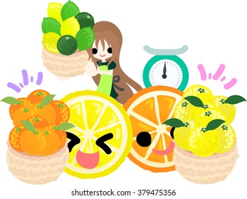 A girl and a lemon and an orange and heaping bowlful of fruit